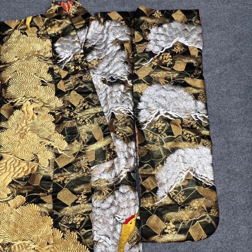 Vintage Japanese Silk Uchikake Kimono Black Gold Silver Crane Pine Embroidery